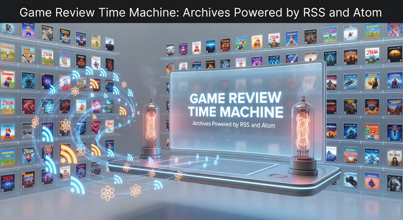 Vintage game review feeds scrolling through RSS and Atom timelines, evoking a digital archive vault filled with classic gaming critiques from the early 2000s