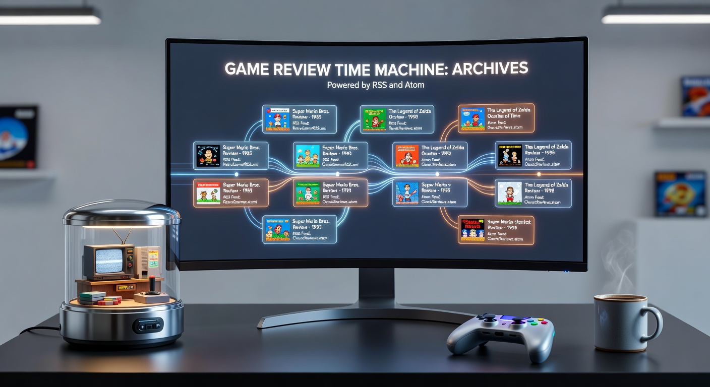 Dynamic RSS feed viewer displaying layered timelines of game reviews, with icons for retro consoles and modern handhelds bridging eras