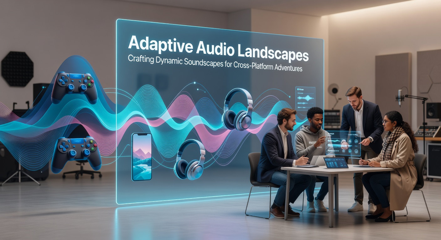 Illustration of adaptive audio landscapes showing sound waves morphing across mobile, console, and PC interfaces in a unified game environment