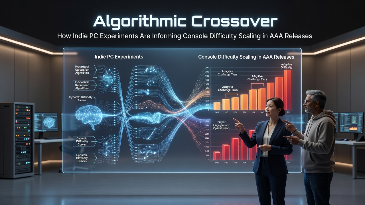 Indie PC game showing dynamic difficulty adjustment algorithms on screen