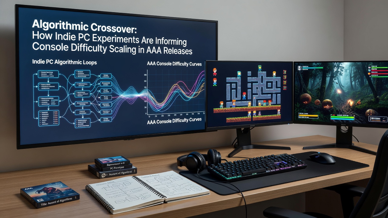 Console development team reviewing difficulty scaling charts derived from indie PC data