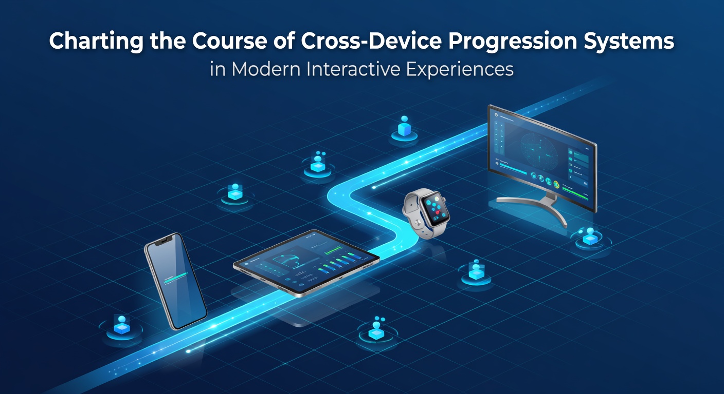Illustration showing interconnected devices like smartphones, tablets, and gaming consoles linked through cloud-based progression systems in interactive experiences