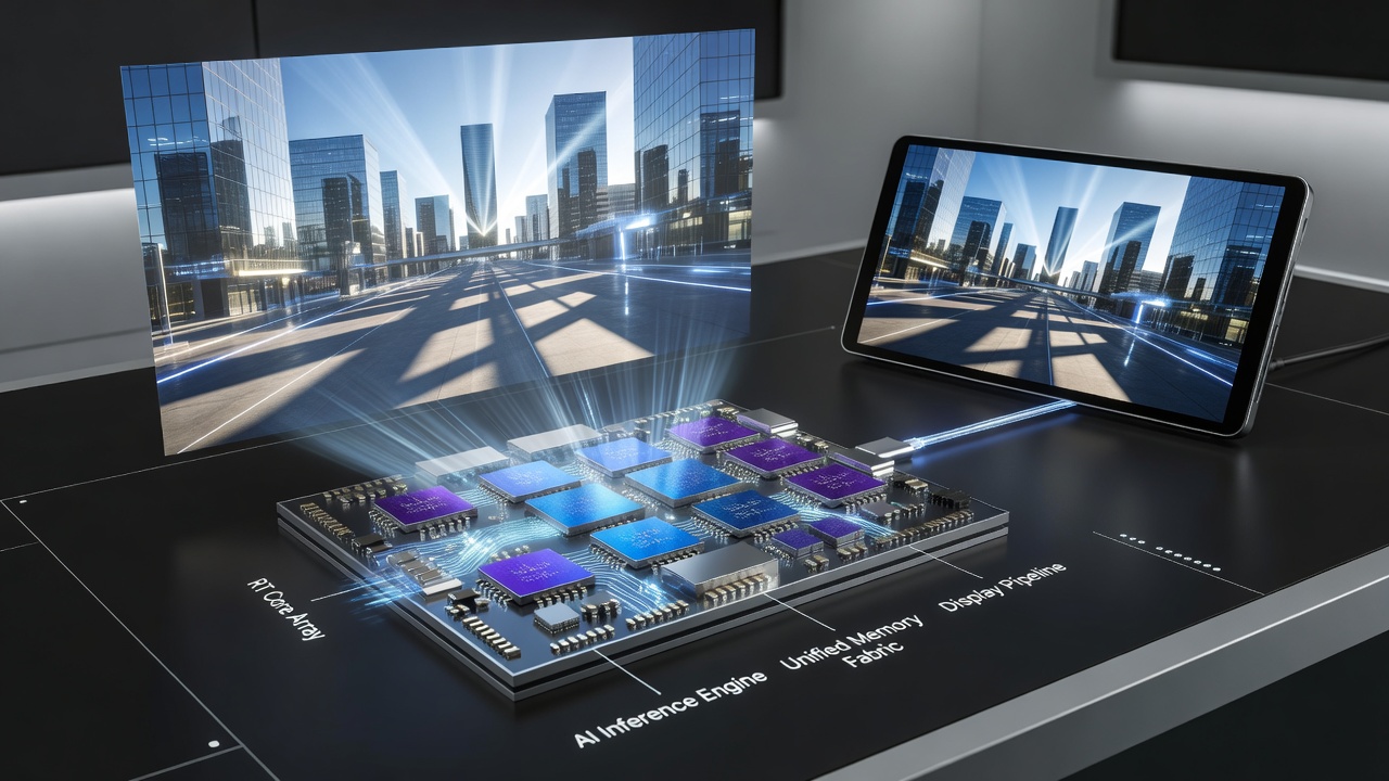 Portable device motherboard layout illustrating integrated AI accelerators alongside ray tracing hardware blocks