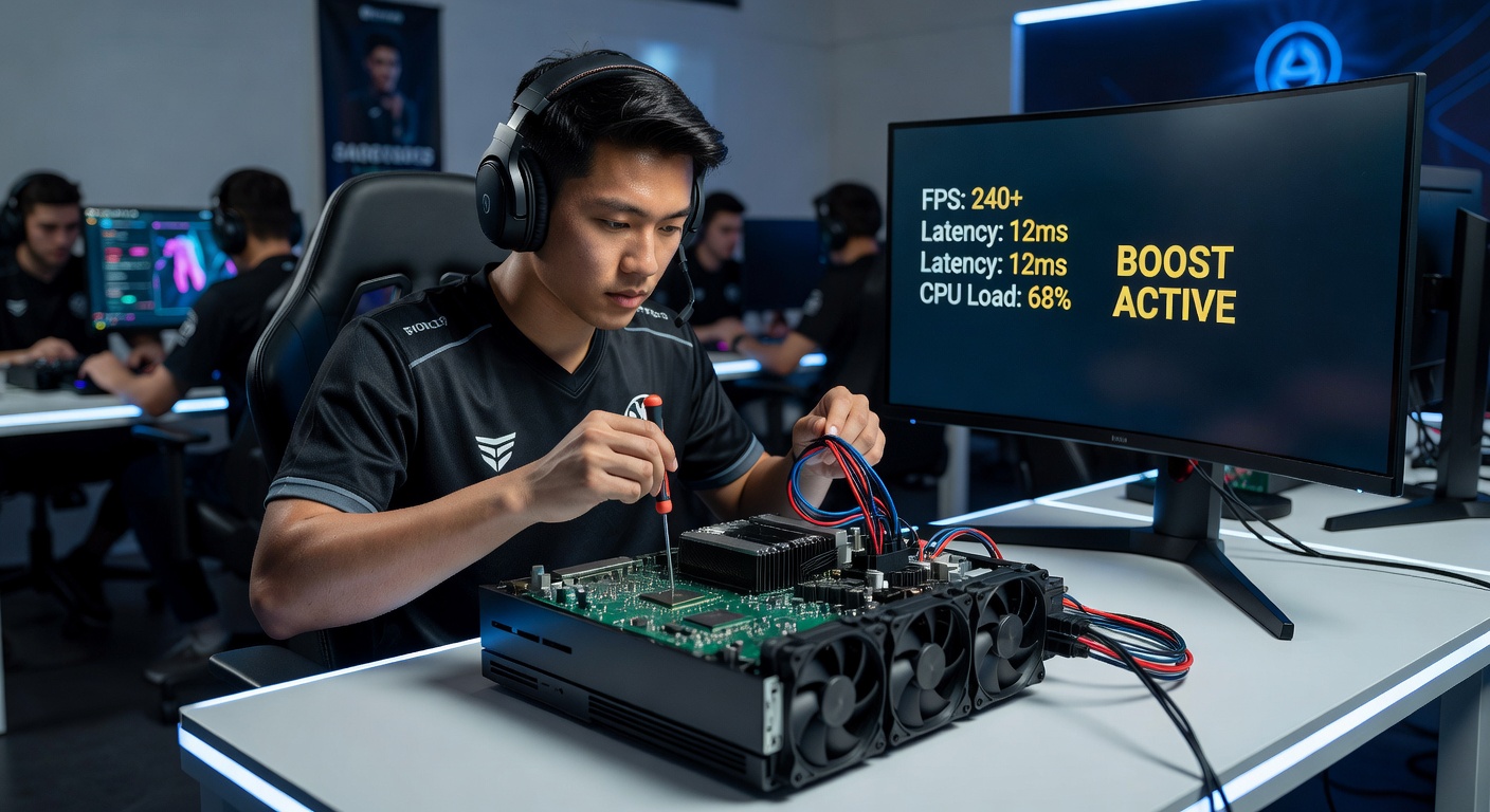 Esports contender fine-tuning a modified console setup during a late-night practice session