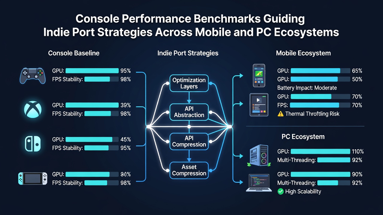 Indie developers reviewing benchmark charts for mobile and PC port optimization