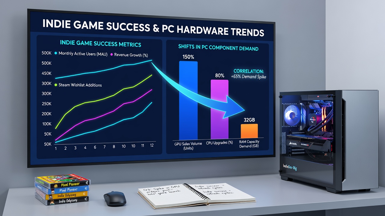 Graph illustrating concurrent player peaks for indie titles matched against quarterly SSD and RAM shipment volumes