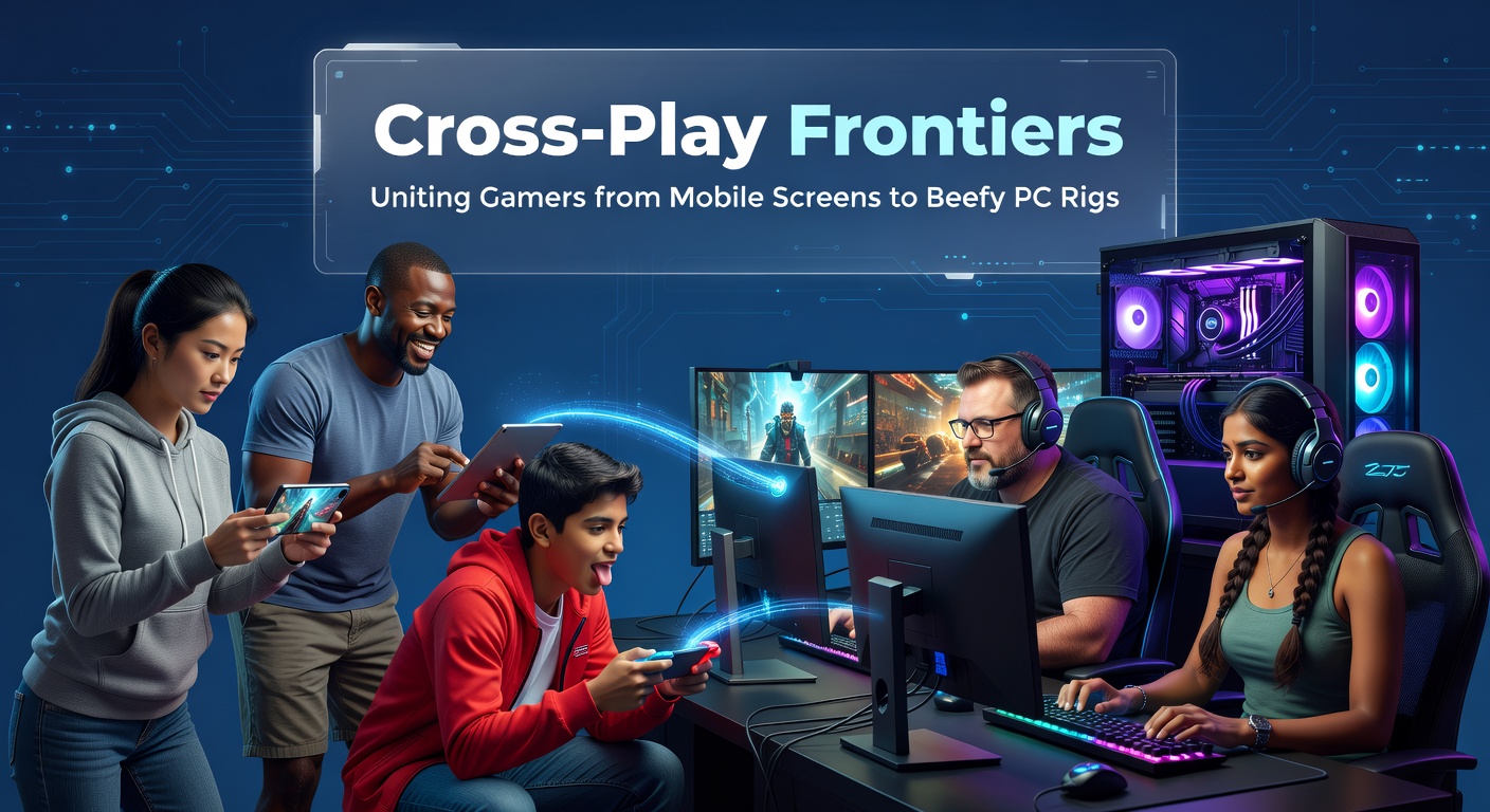 Diverse gamers on mobile phones, consoles, and PCs connected in a multiplayer match, symbolizing cross-play unity