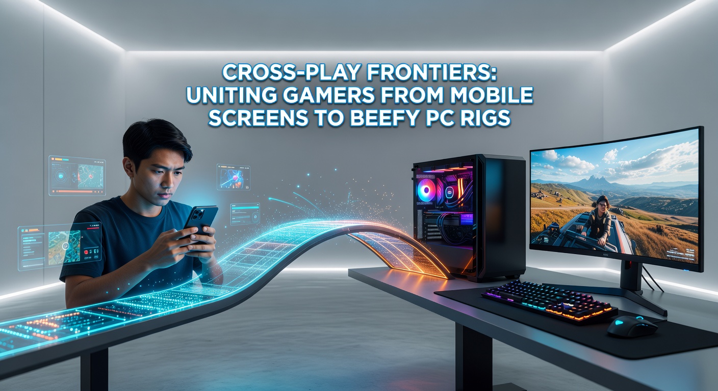 Split-screen view of a cross-play battle royale lobby showing mobile, console, and PC icons alongside player profiles