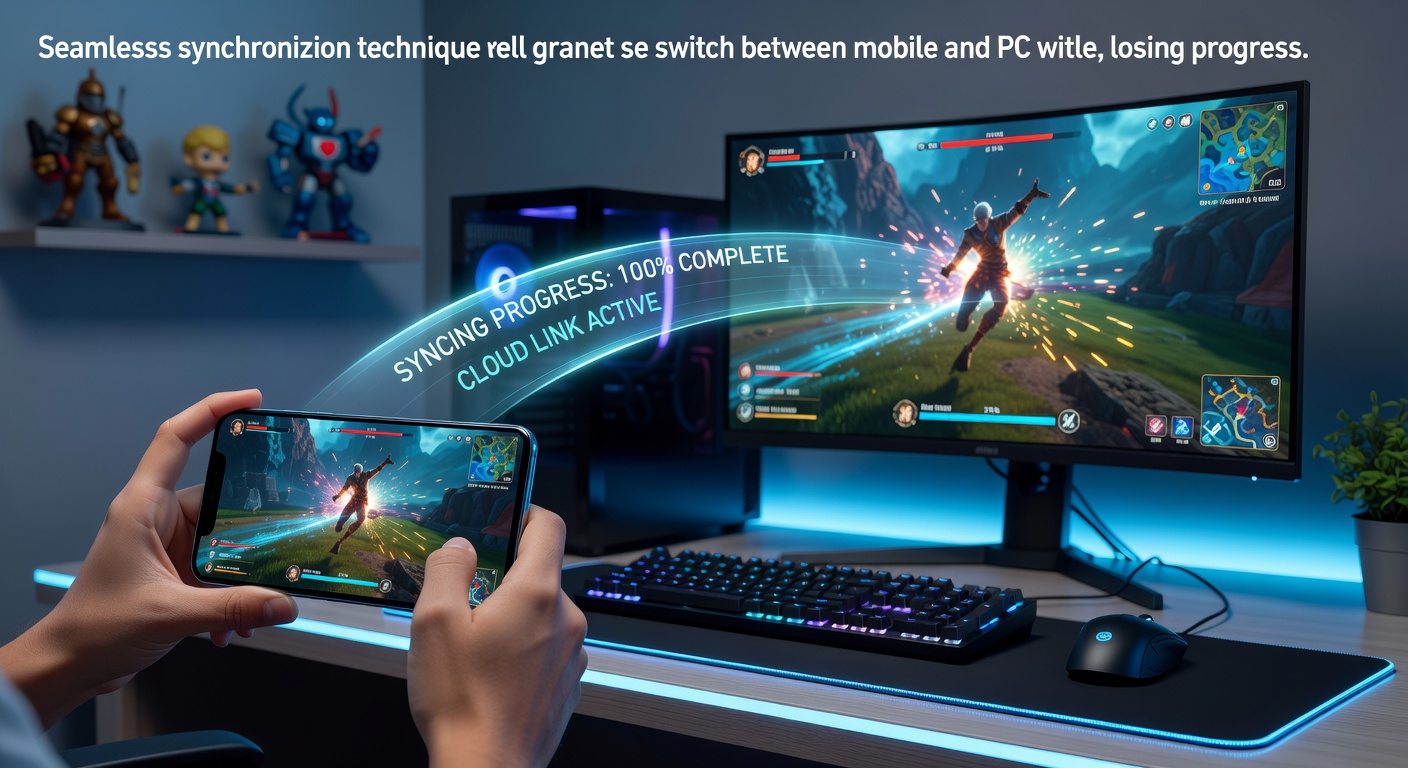 Illustration of a gamer switching between mobile device and PC with progress sync indicators
