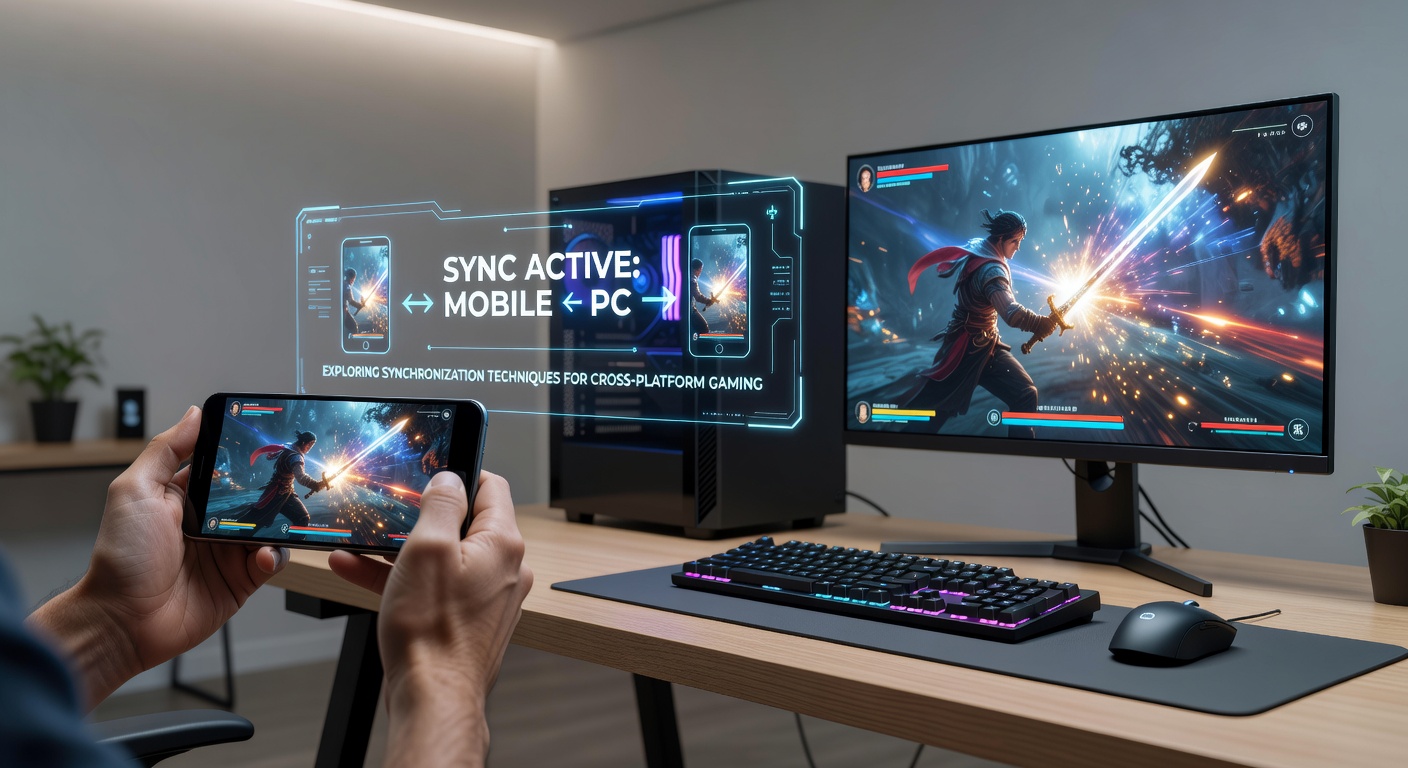 Diagram showing cloud sync process between mobile phone and desktop computer during gameplay