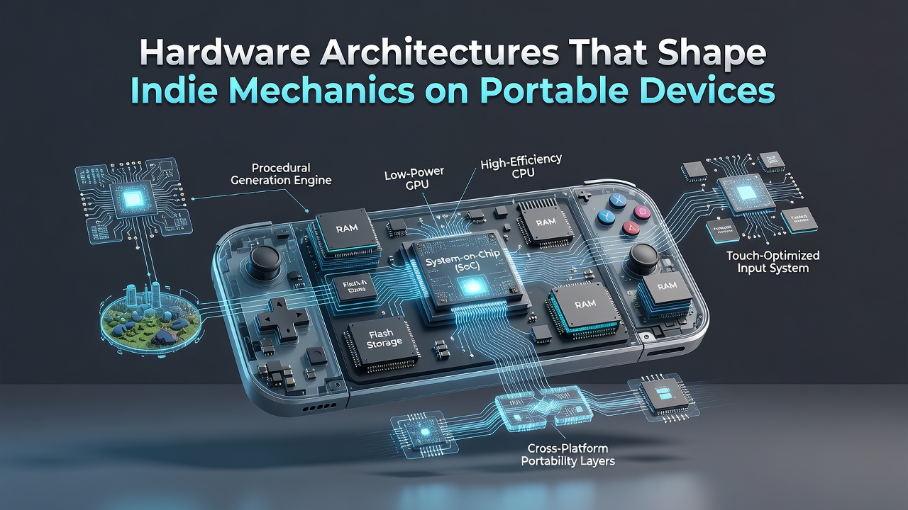 Indie developer testing game mechanics on a portable handheld device showing hardware interface elements