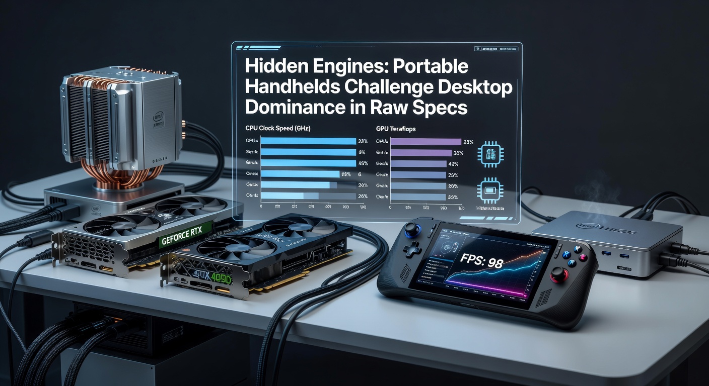A sleek portable handheld gaming device displaying high-frame-rate graphics on its screen, showcasing compact hardware rivaling larger systems
