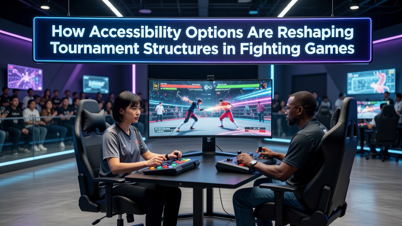 Fighting game tournament scene with players using accessible controllers and on-screen aids during a competitive match