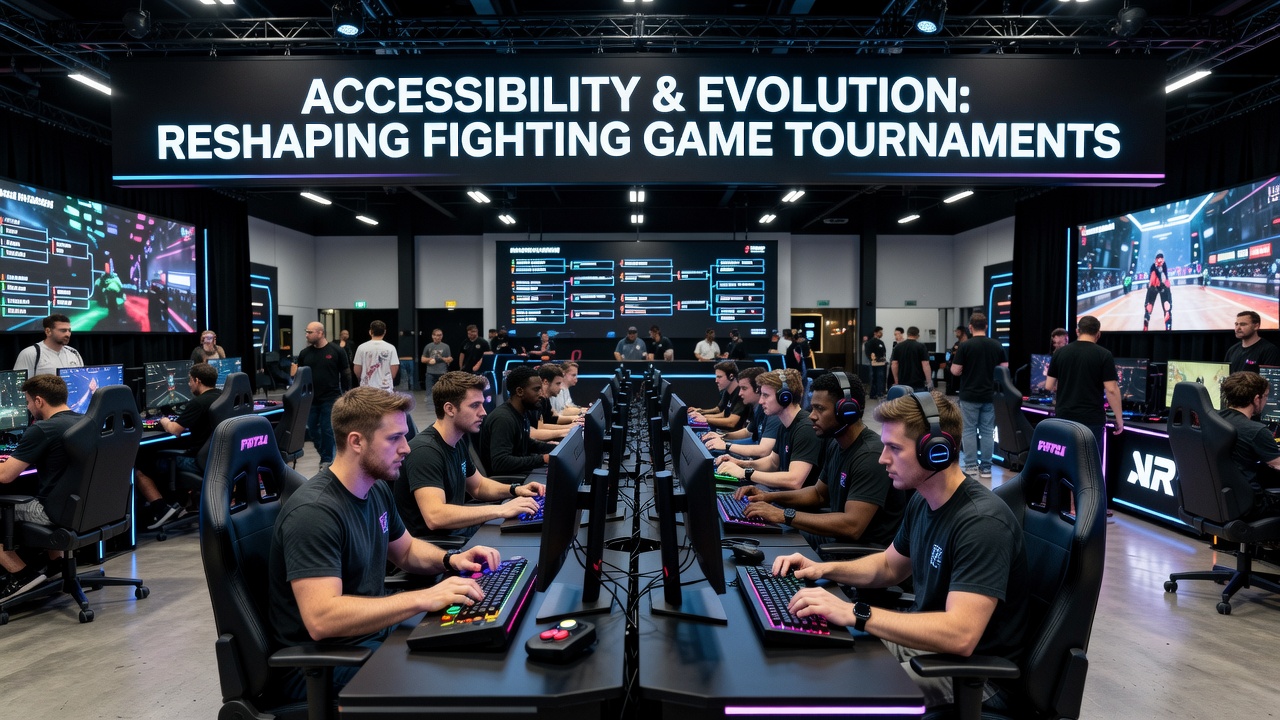Diverse group of competitors at a fighting game event discussing bracket adjustments and accessibility settings with officials