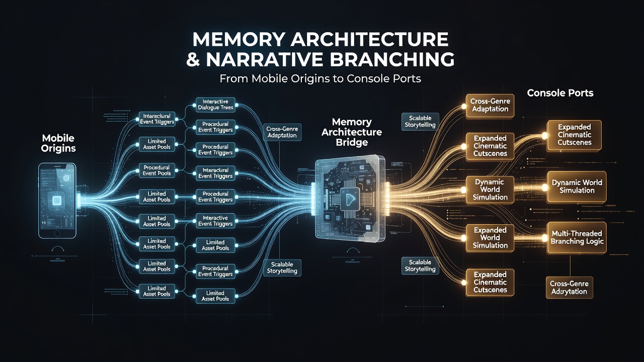 Diagram showing RAM allocation differences between mobile devices and console systems during narrative branching sequences