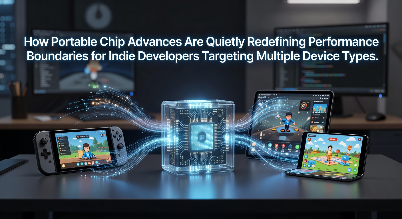 Portable chip architecture diagrams showing performance metrics for mobile and handheld processors used in cross-device development