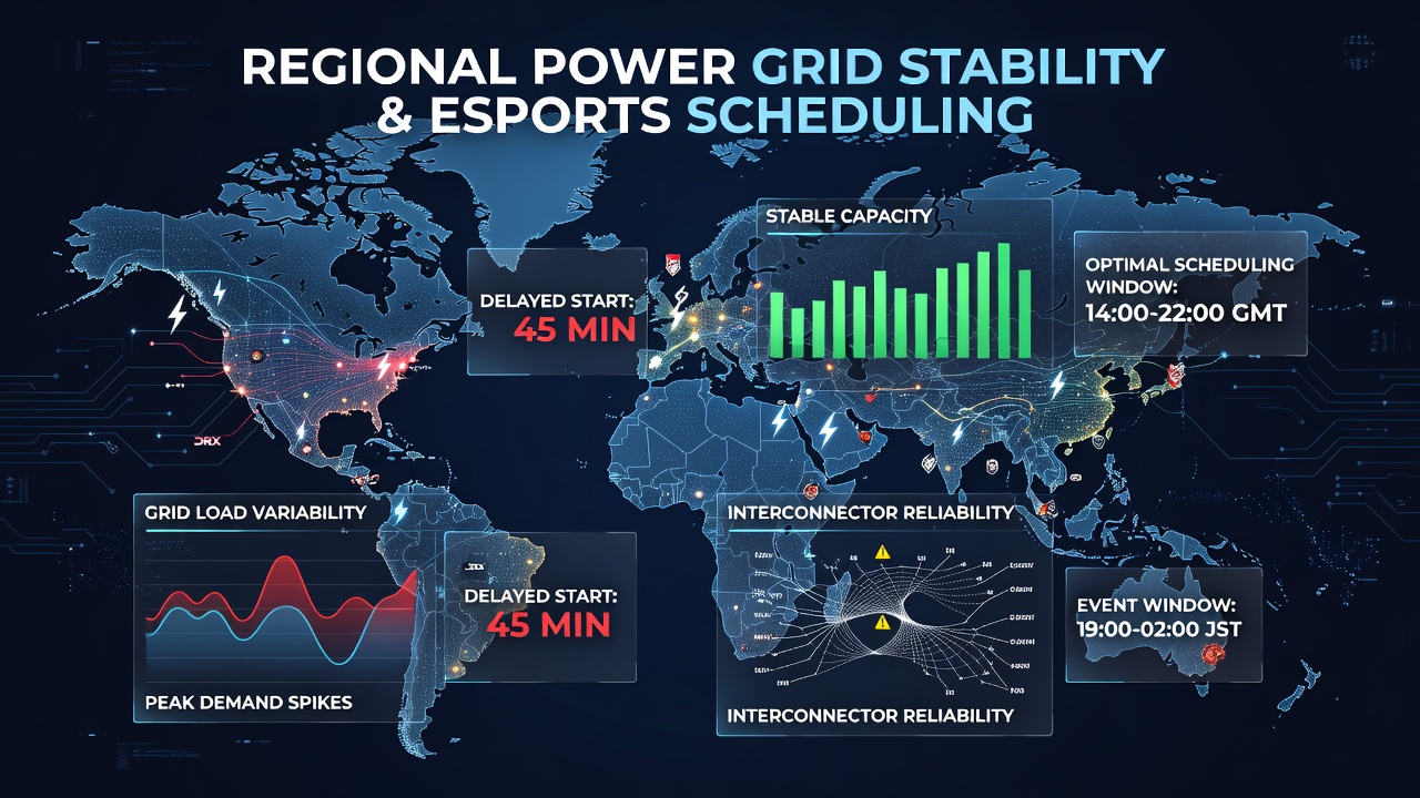 Map showing major esports venues overlaid with regional power grid reliability indicators across North America, Europe, and Asia