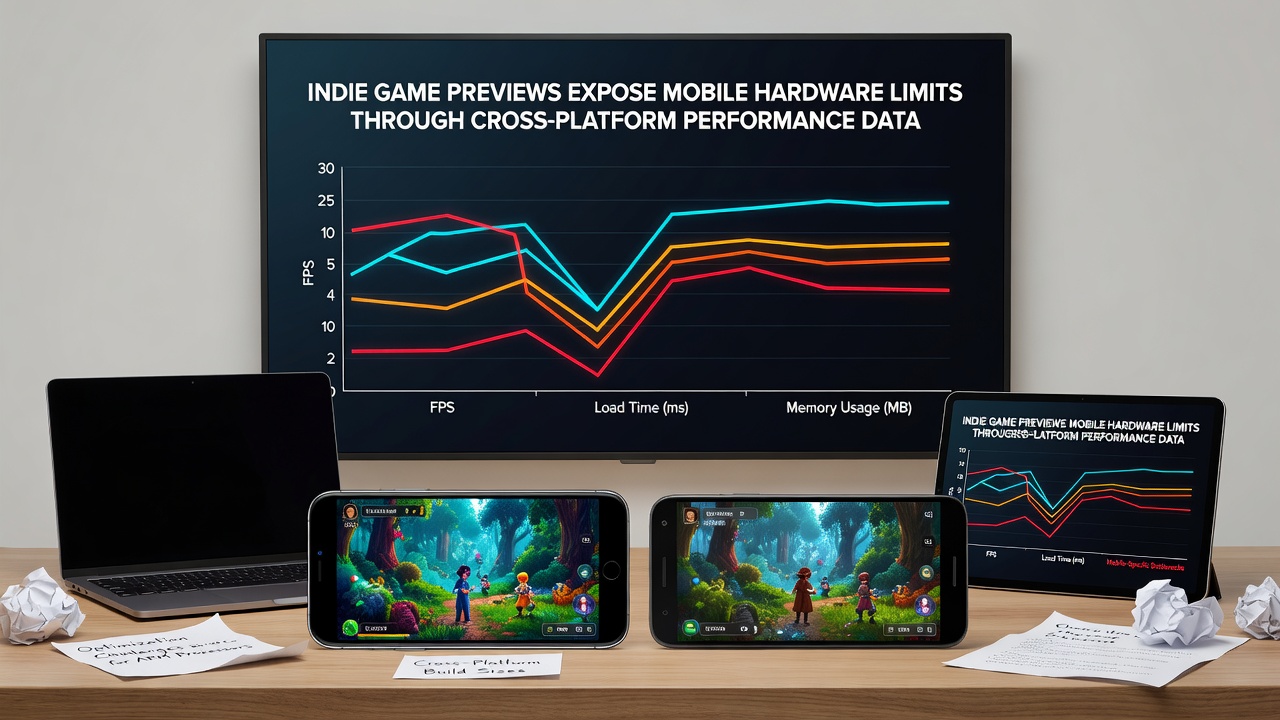 Graphs and charts displaying cross-platform frame rate comparisons and hardware utilization data from indie game previews