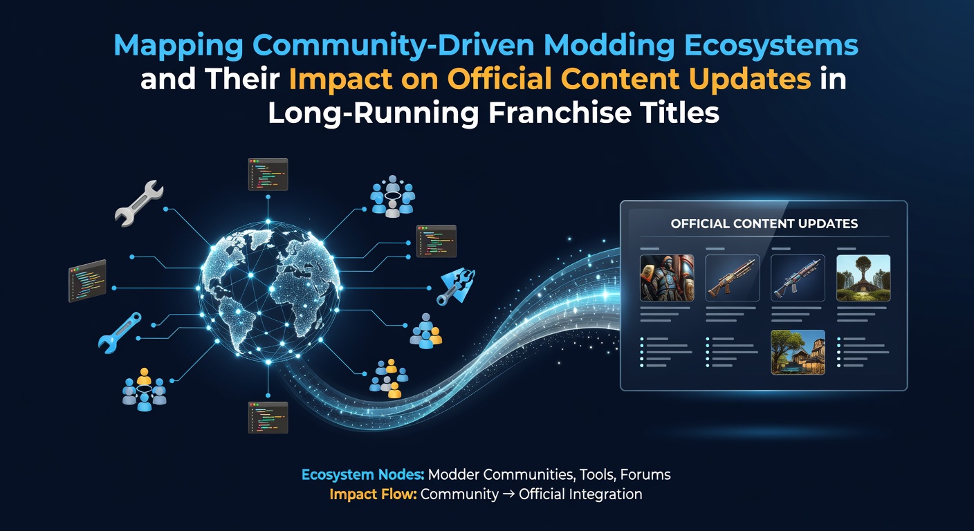 Detailed visualization of interconnected modding communities influencing game development pipelines across multiple platforms