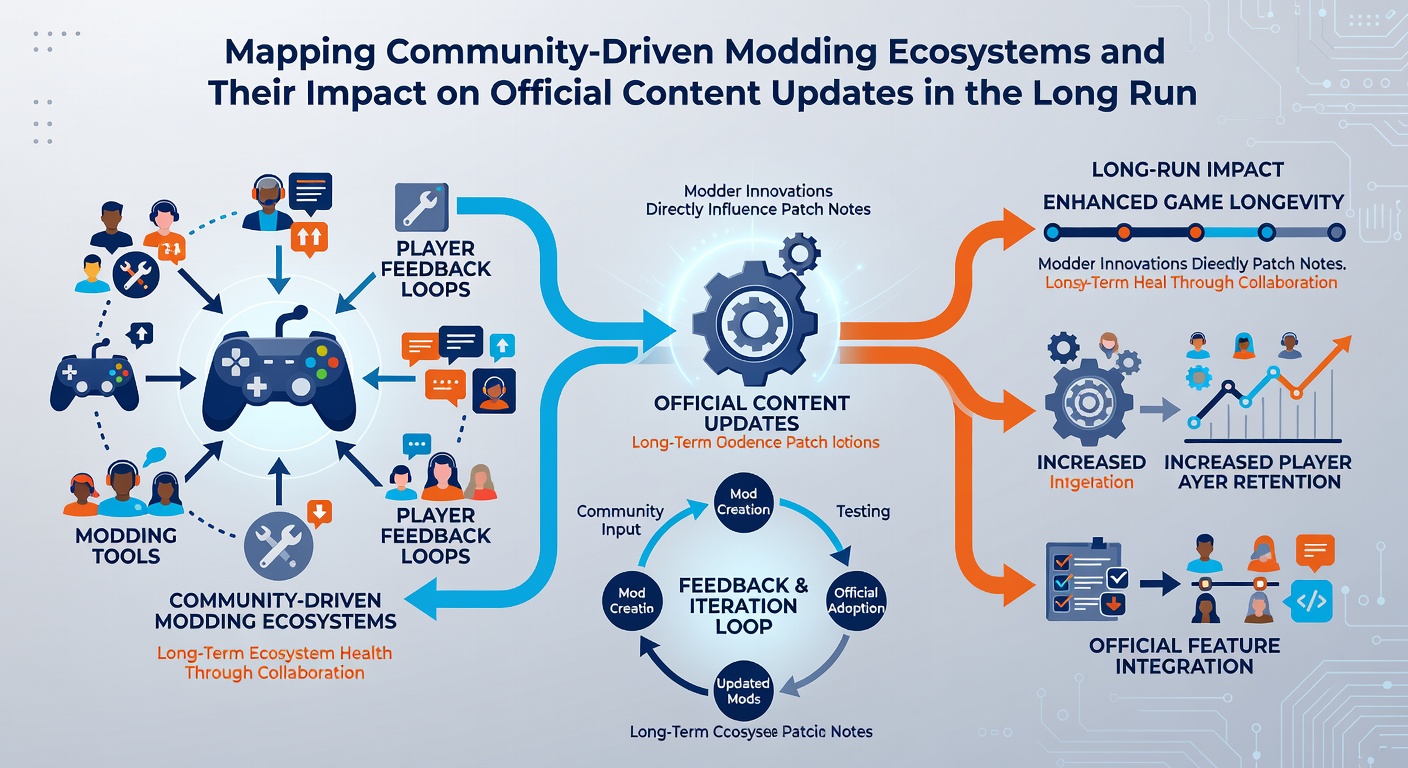 Network diagram showing mod author clusters feeding into studio update cycles for established game franchises