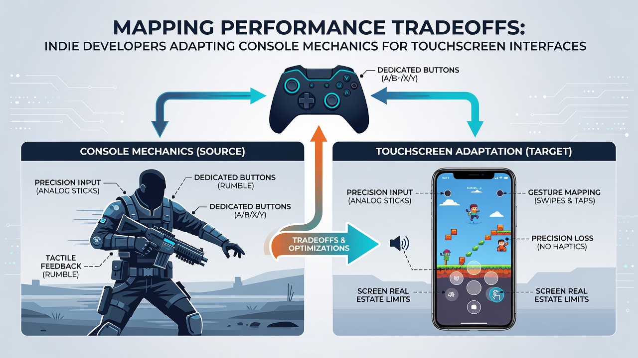 Side-by-side comparison of console controller layout versus touchscreen virtual controls in an indie game adaptation