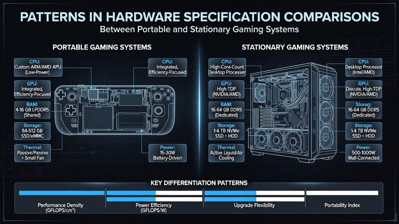 Side-by-side comparison of portable handheld gaming device and stationary console hardware components