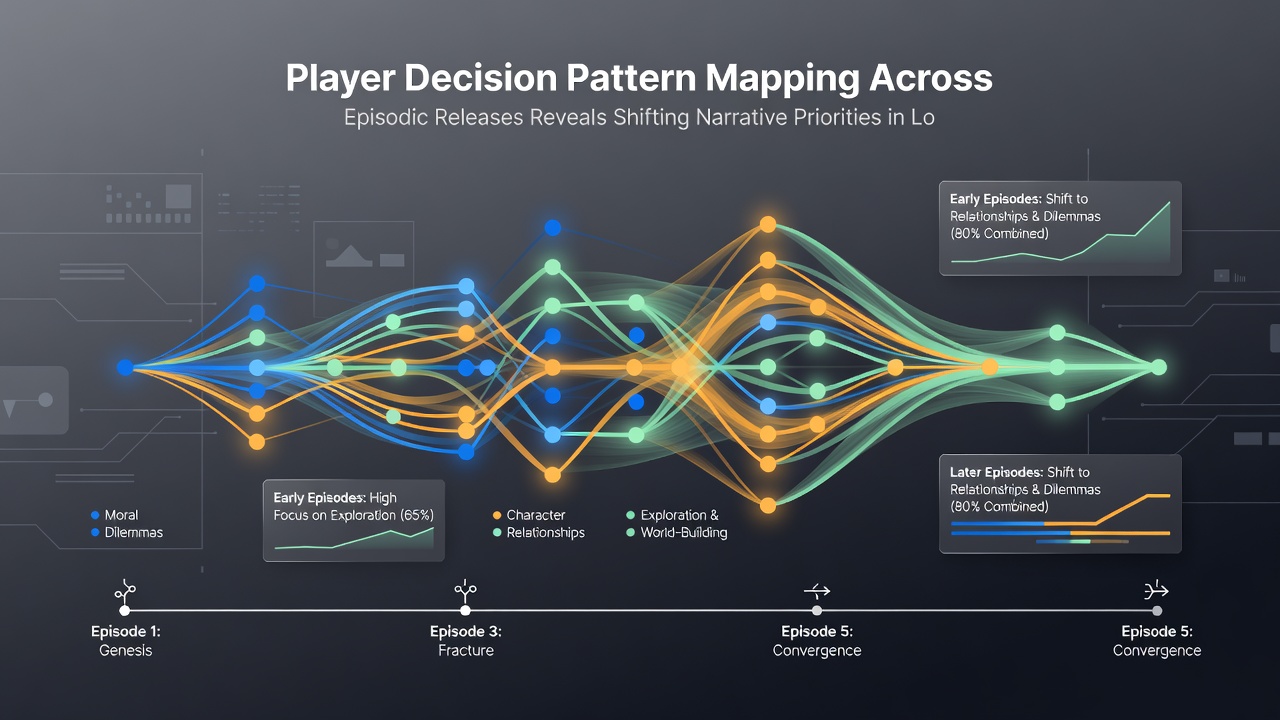 Heatmap comparing player choice retention rates between first and final episodes of three major episodic franchises