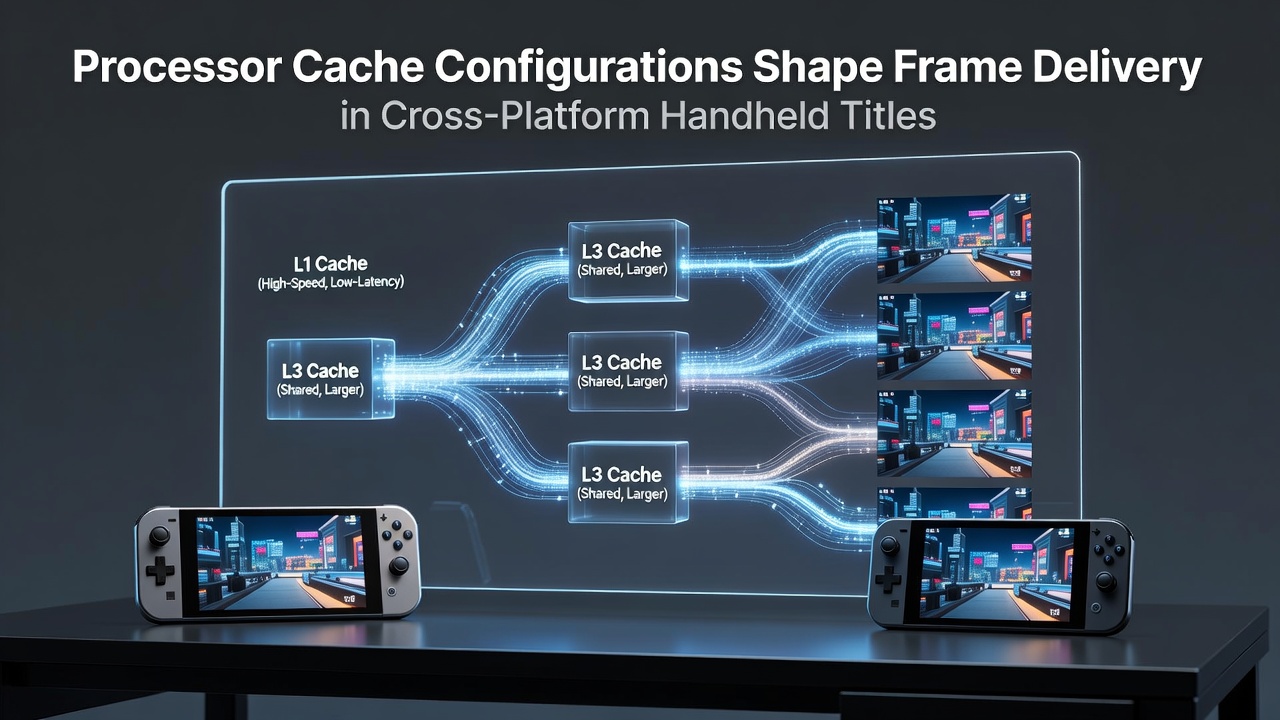Diagram showing processor cache levels and their relation to frame rendering pipelines in portable gaming hardware