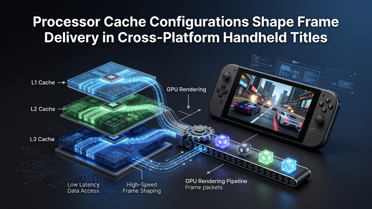Performance graphs comparing frame delivery consistency across different handheld cache configurations