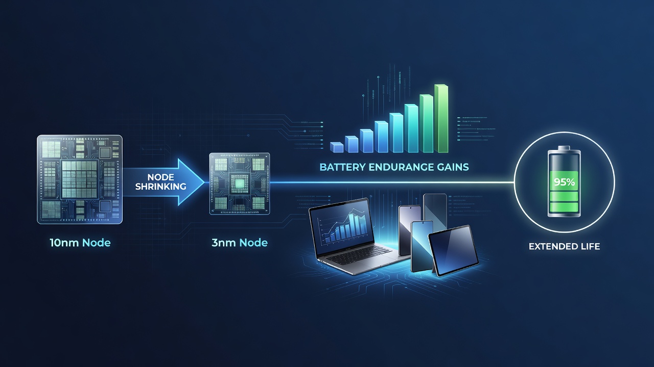 Illustration showing progression of semiconductor process nodes from 7nm to 2nm with corresponding efficiency metrics