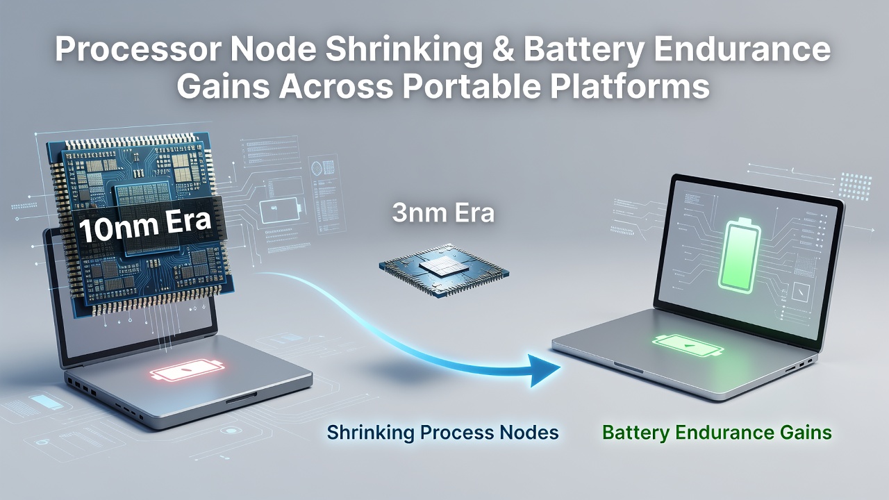 Comparative chart of battery life metrics across smartphones, tablets, and portable PCs at different process nodes