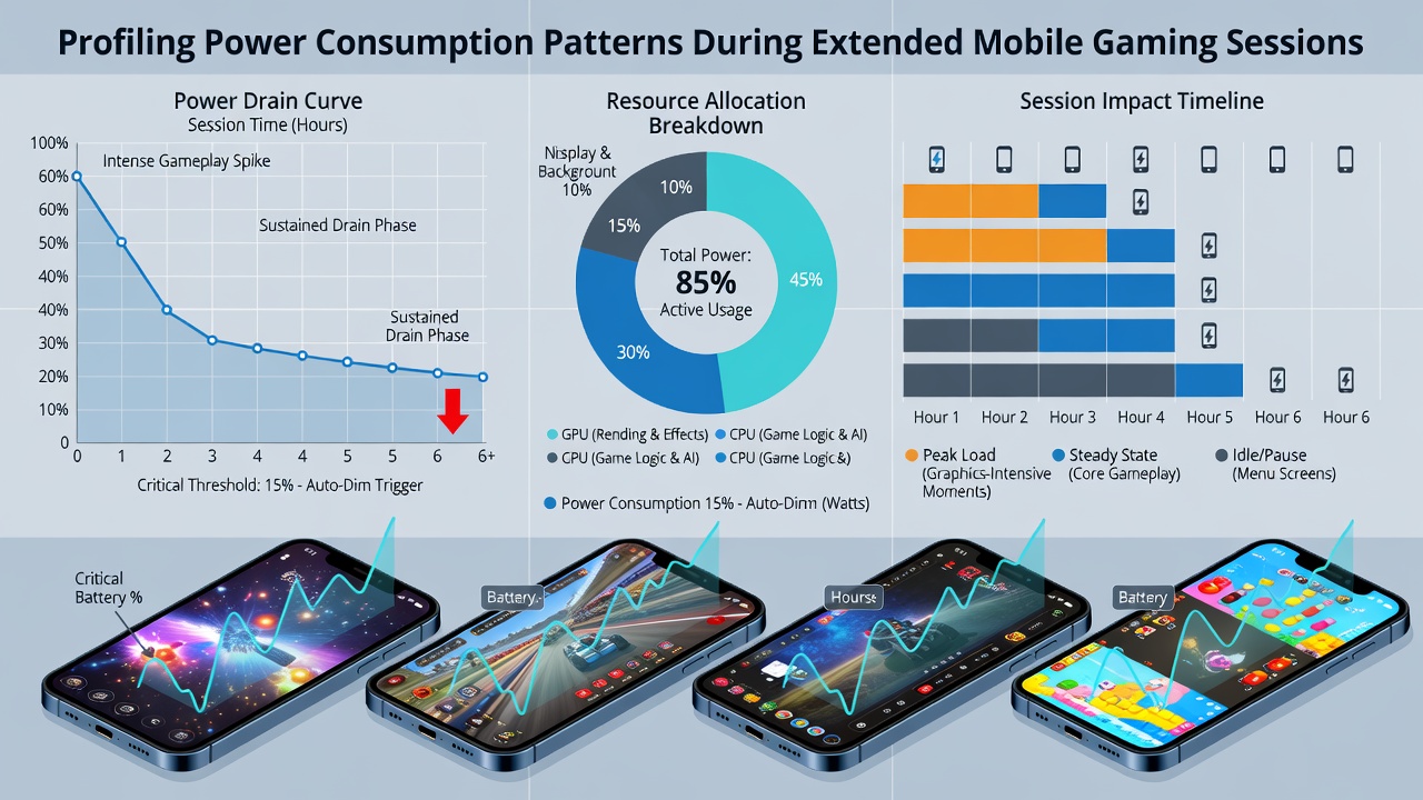 Graph displaying battery percentage decline over six hours of continuous mobile gaming with annotations for CPU and GPU activity peaks
