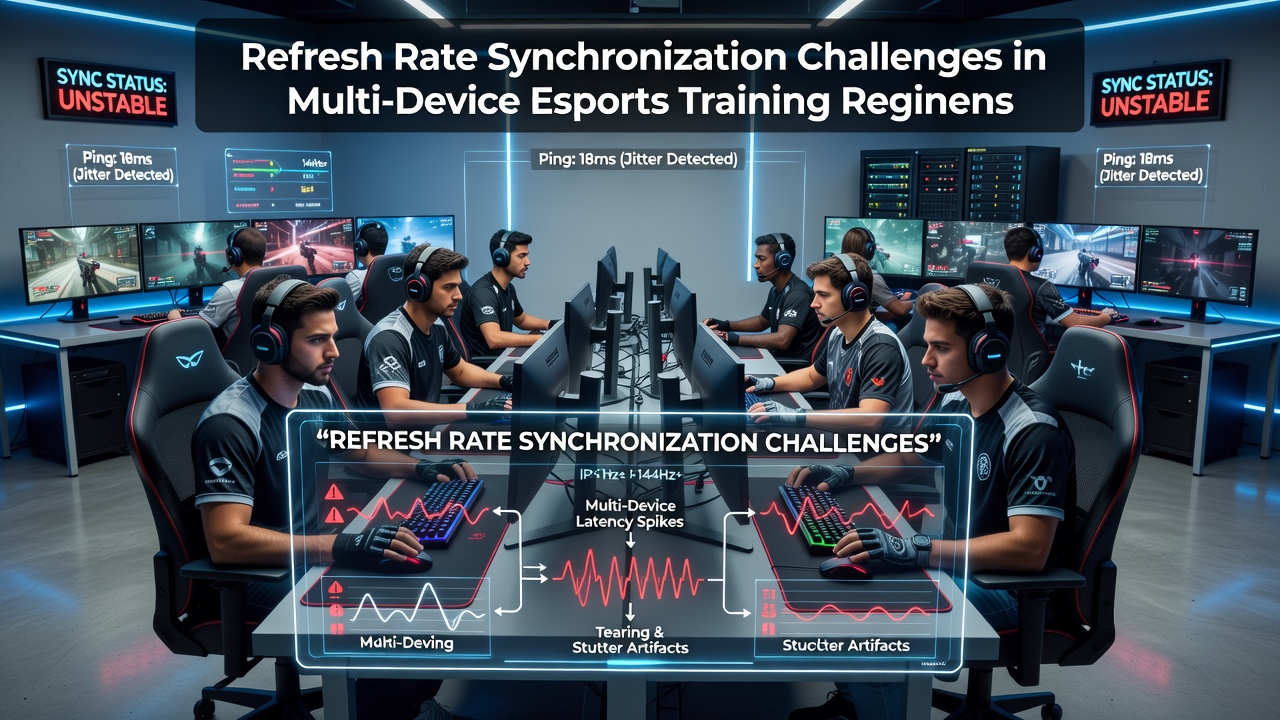 Esports athletes training on multiple devices with varying refresh rates displayed on screens