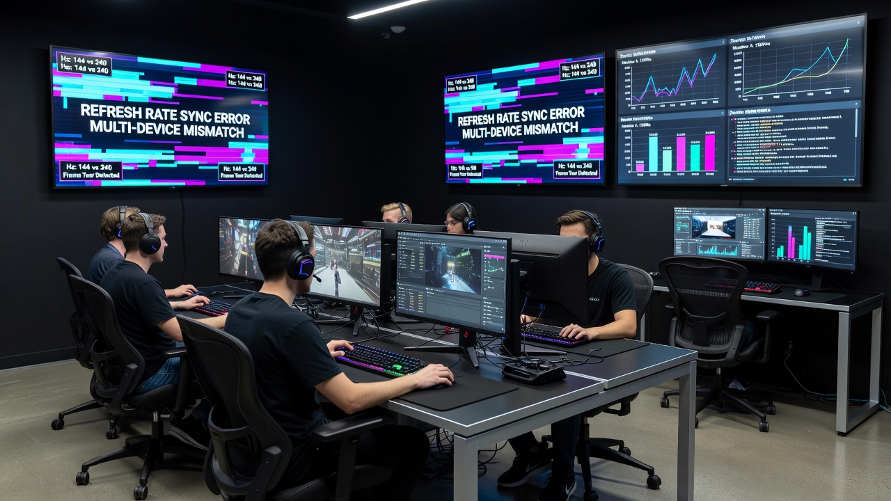 Close-up of esports training station showing multiple monitors and devices with refresh rate settings visible