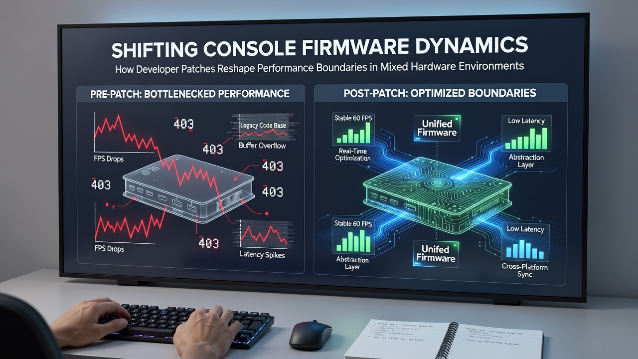 Developer team analyzing performance metrics on mixed console and PC hardware during patch testing