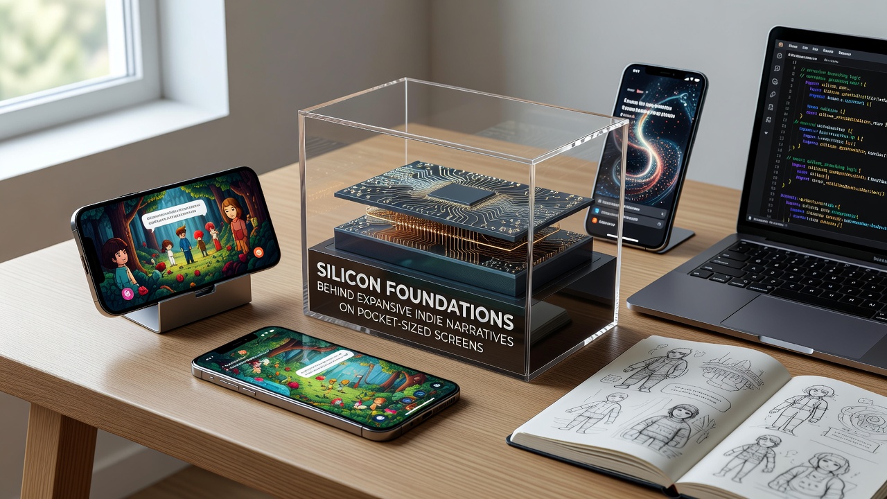 Indie game developer testing narrative-driven mobile title on multiple smartphone devices in a studio setting