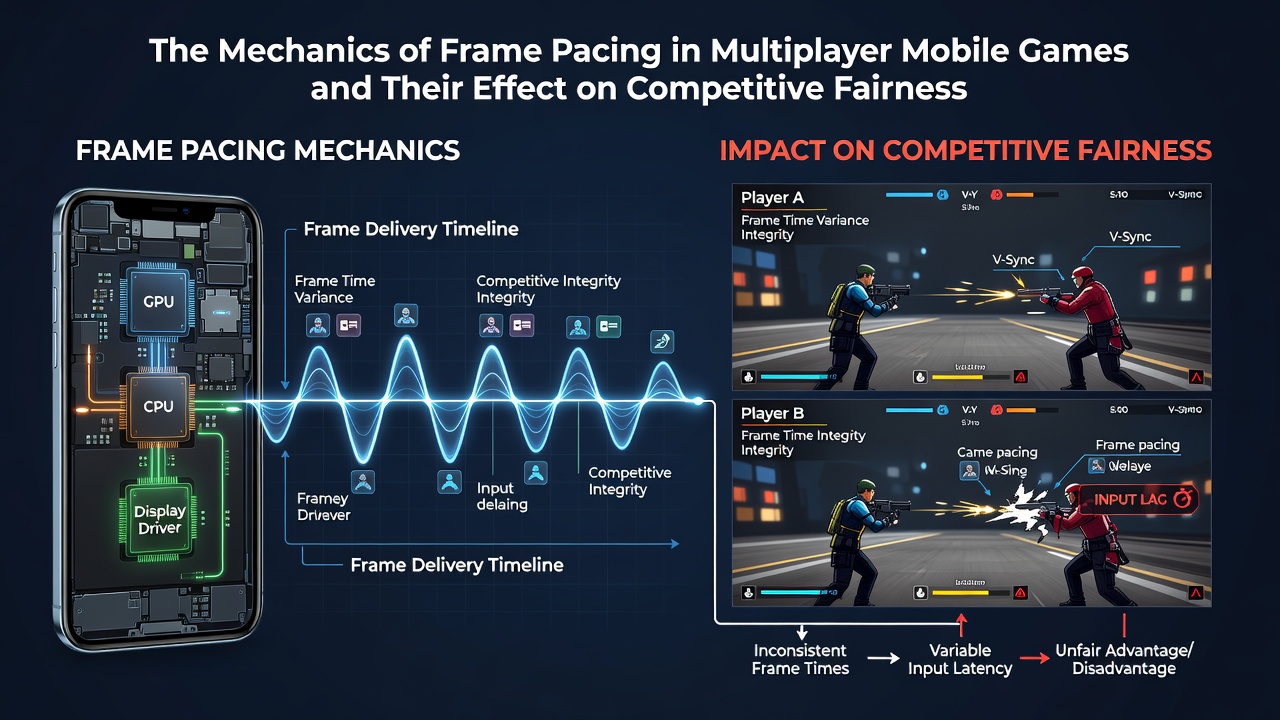 Graph comparing frame time variance in competitive matches across different network conditions and device tiers