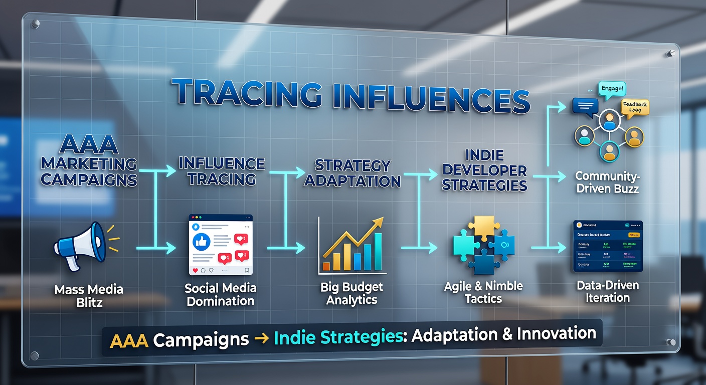Indie developers adapting marketing elements from AAA campaigns in a collaborative studio setting