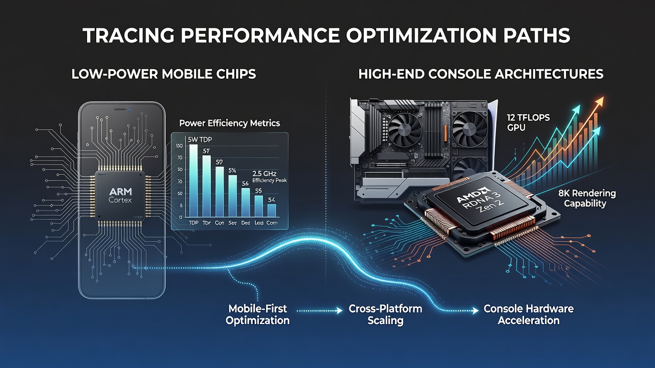 Console architecture diagrams compared with mobile chipset layouts used in indie optimization