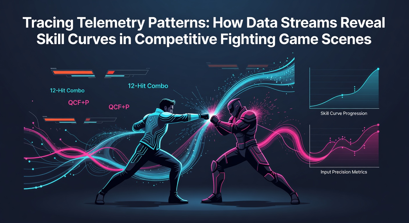 Telemetry dashboards displaying input timing graphs and combo success rates from fighting game tournaments